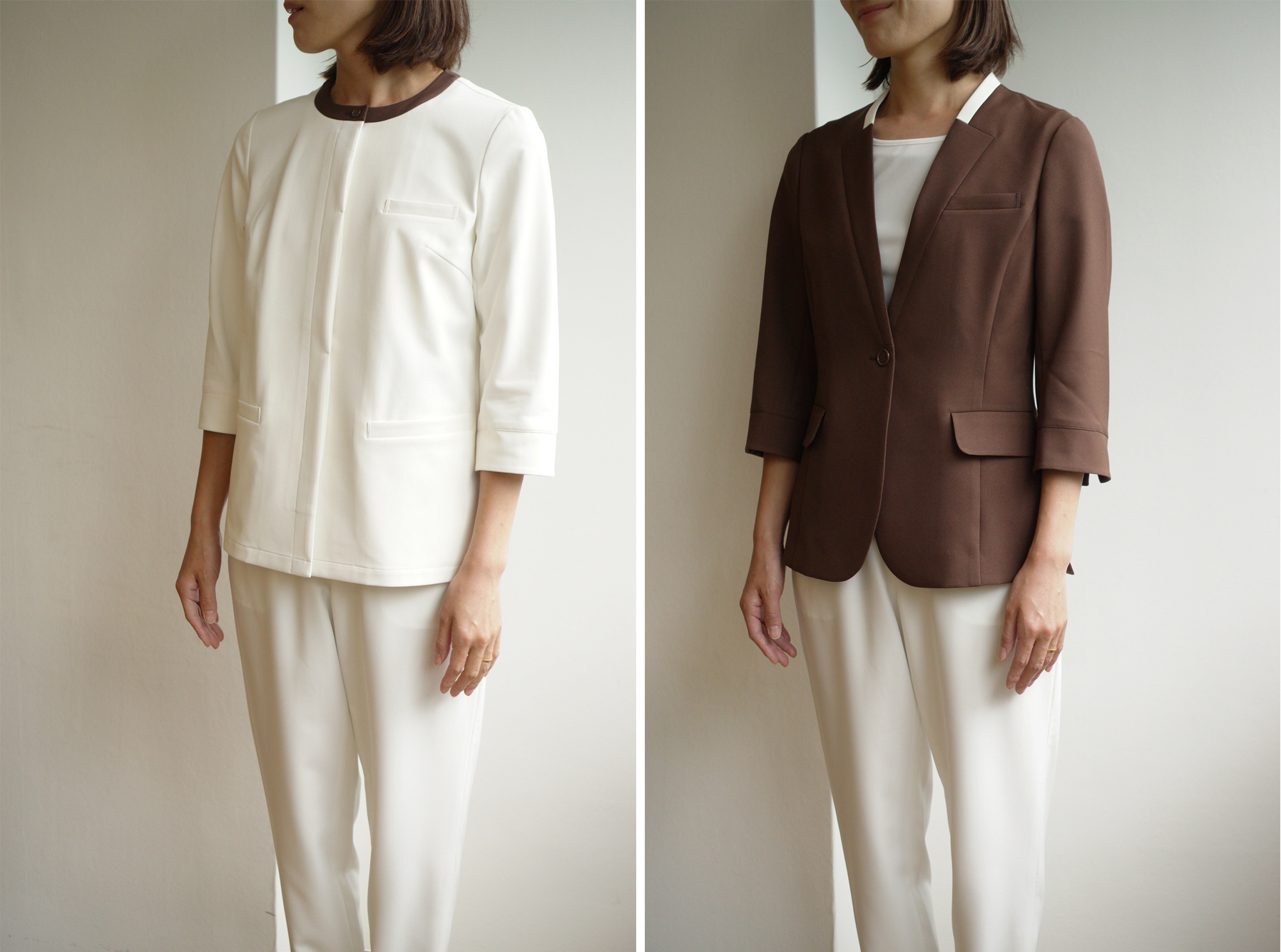 心和会のクリニックユニフォーム。白のトップスとブラウンのジャケット。