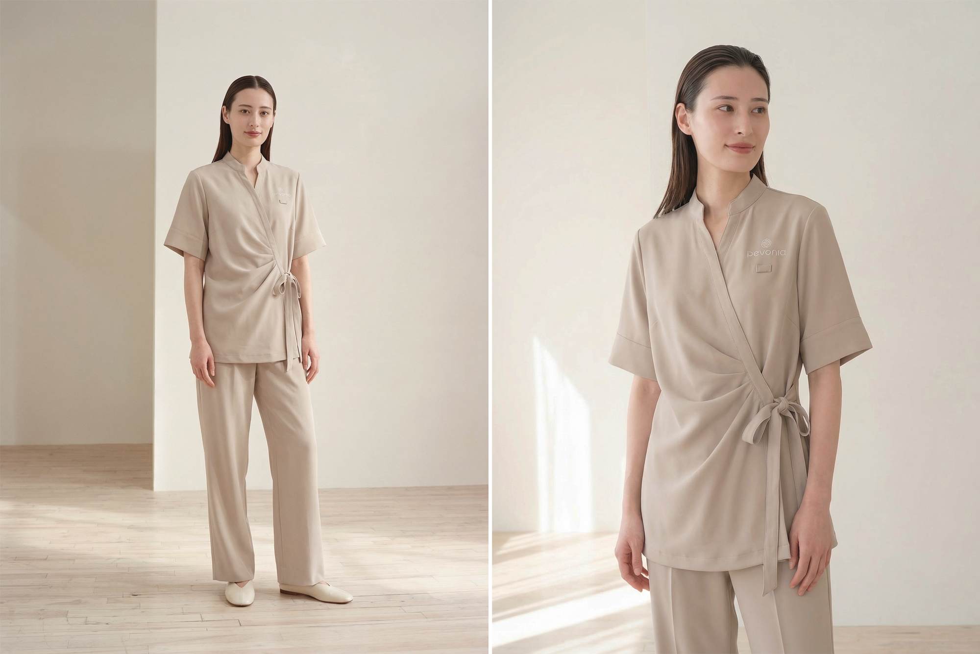 Spa Pevonia Botanicaのユニフォームを着たスタッフ。淡いピンクベージュのセットアップは、柔らかい生地でリラックス感がある。