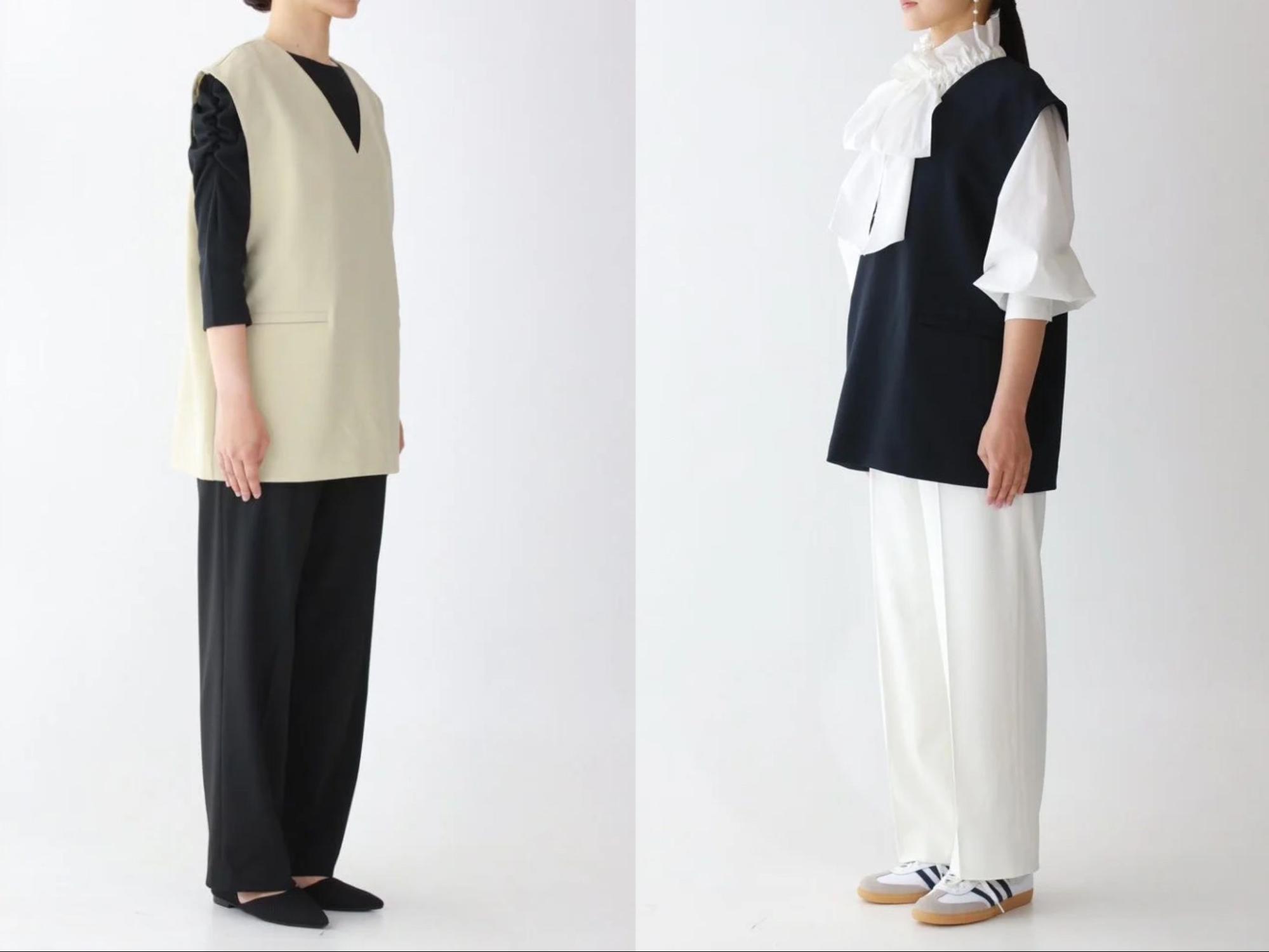 ネイビーとベージュ、ネイビーとホワイトのユニフォームを着ている女性