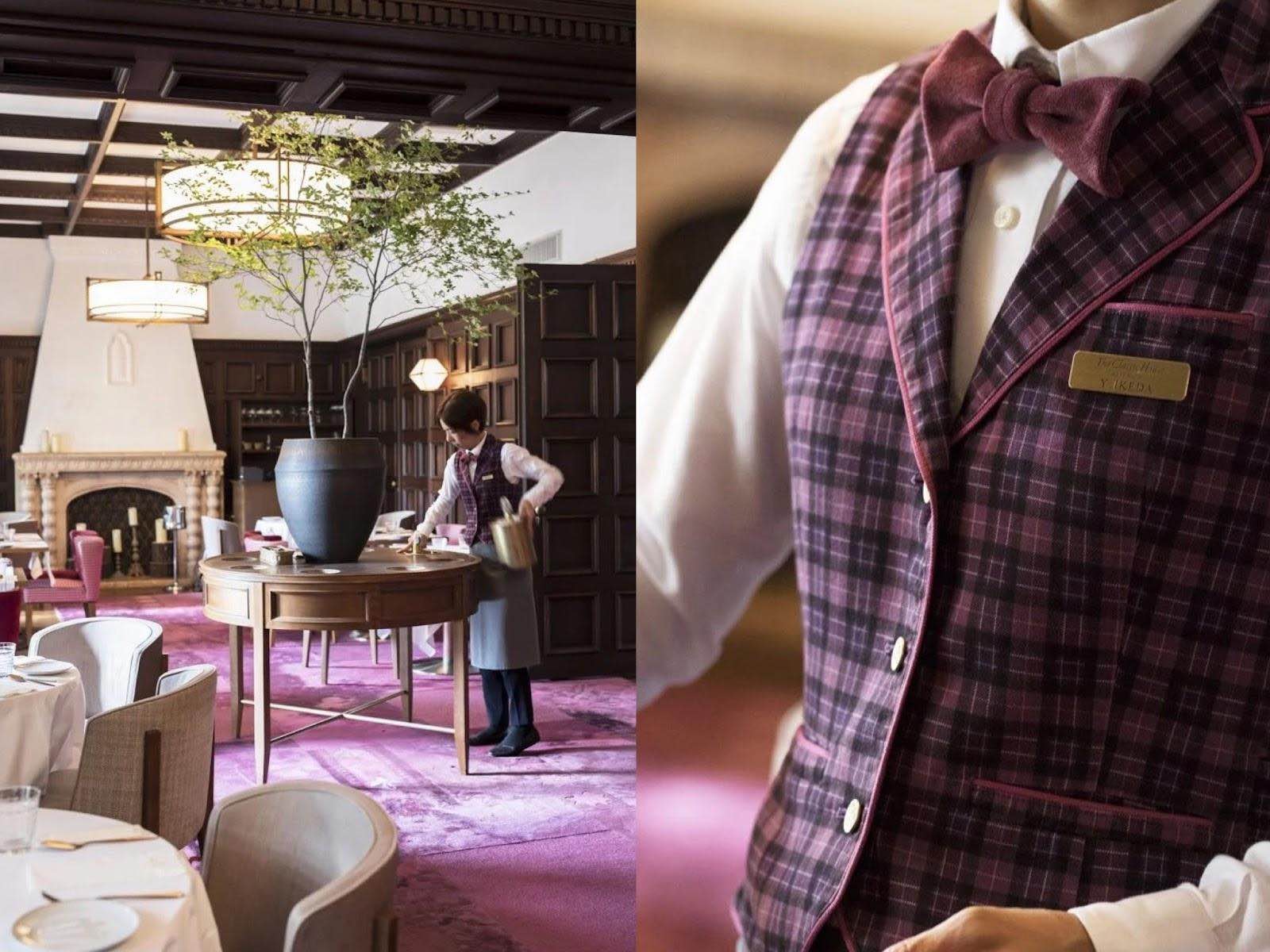 ピンクとパープルのチェックの制服を着用したスタッフ