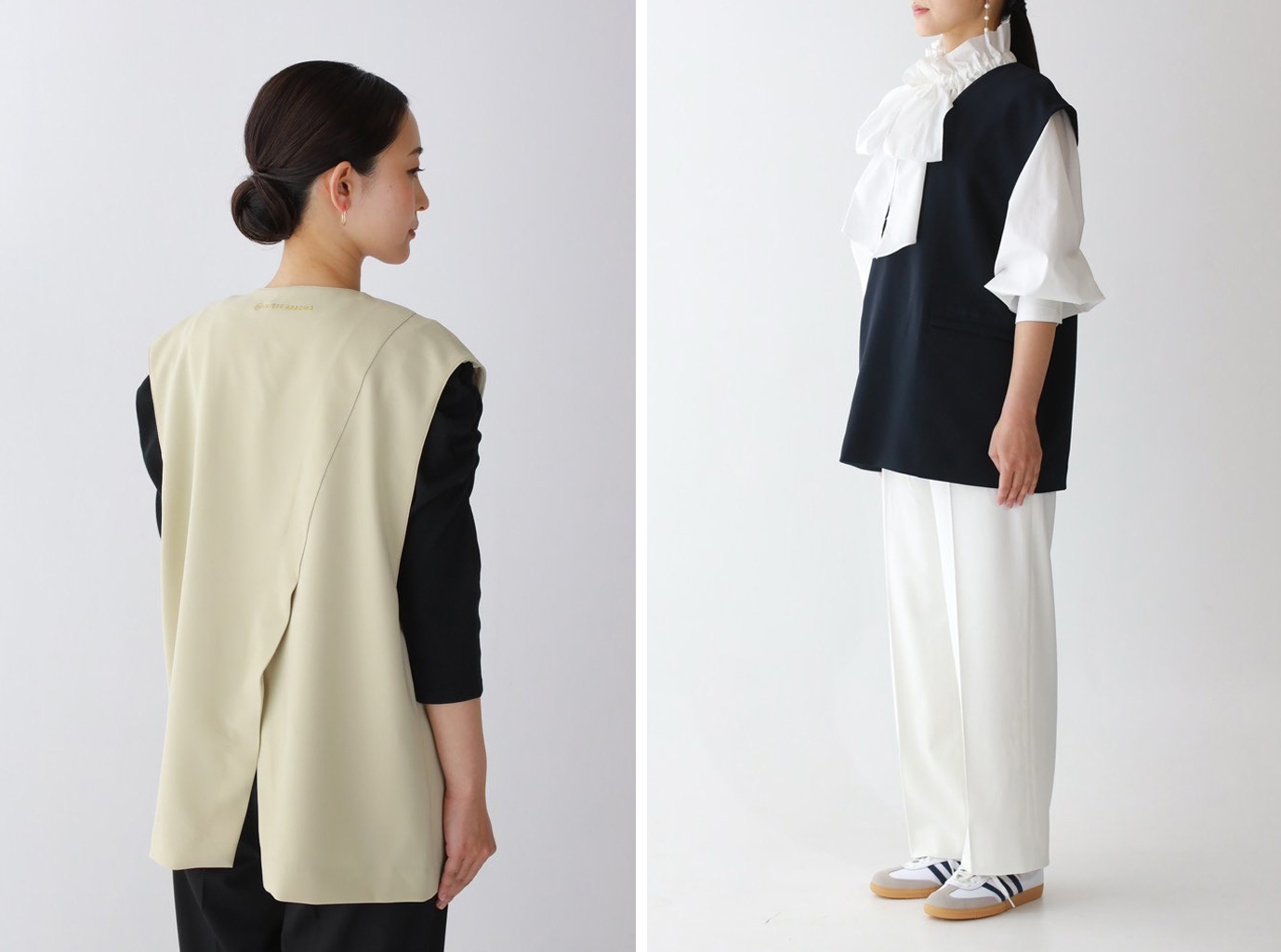 ほうとく保育園のスタッフ用ベストの写真。ベージュと紺の2色展開で制作。